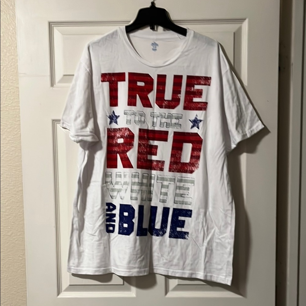 White Graphic T-Shirt with Red and Blue Print